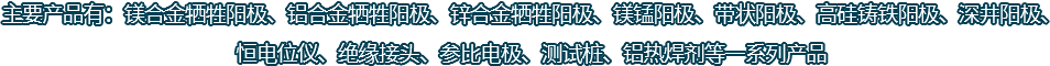 主要產(chǎn)品有：鎂合金犧牲陽(yáng)極、鋁合金犧牲陽(yáng)極、鋅合金犧牲陽(yáng)極、鎂錳陽(yáng)極、帶狀陽(yáng)極、高硅鑄鐵陽(yáng)極、深井陽(yáng)極、恒電位儀、絕緣接頭、參比電極、測(cè)試樁、鋁熱焊劑等一系列產(chǎn)品